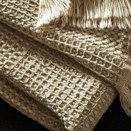 Waffle Knit Throw With Fringing